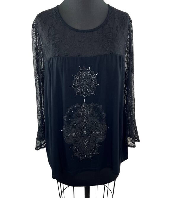 Desigual Tops - DESIGUAL Alegra Black Sheer Lace Rhinestone 3/4 Sleeve Boho Blouse Plus XXL